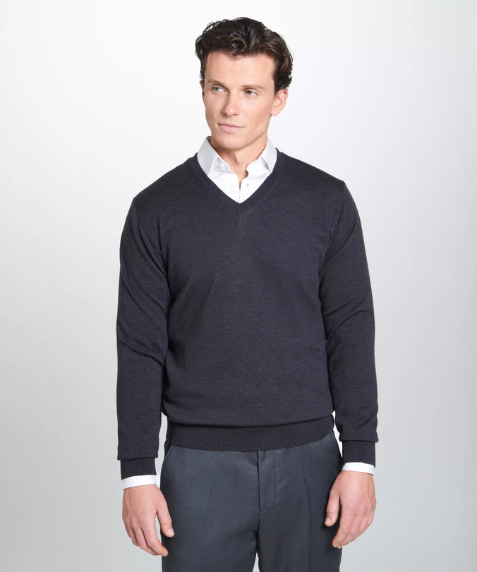 Grey Merino Wool V-Neck Sweater