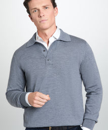 Pale Grey Merino Wool Long Sleeve Polo Shirt