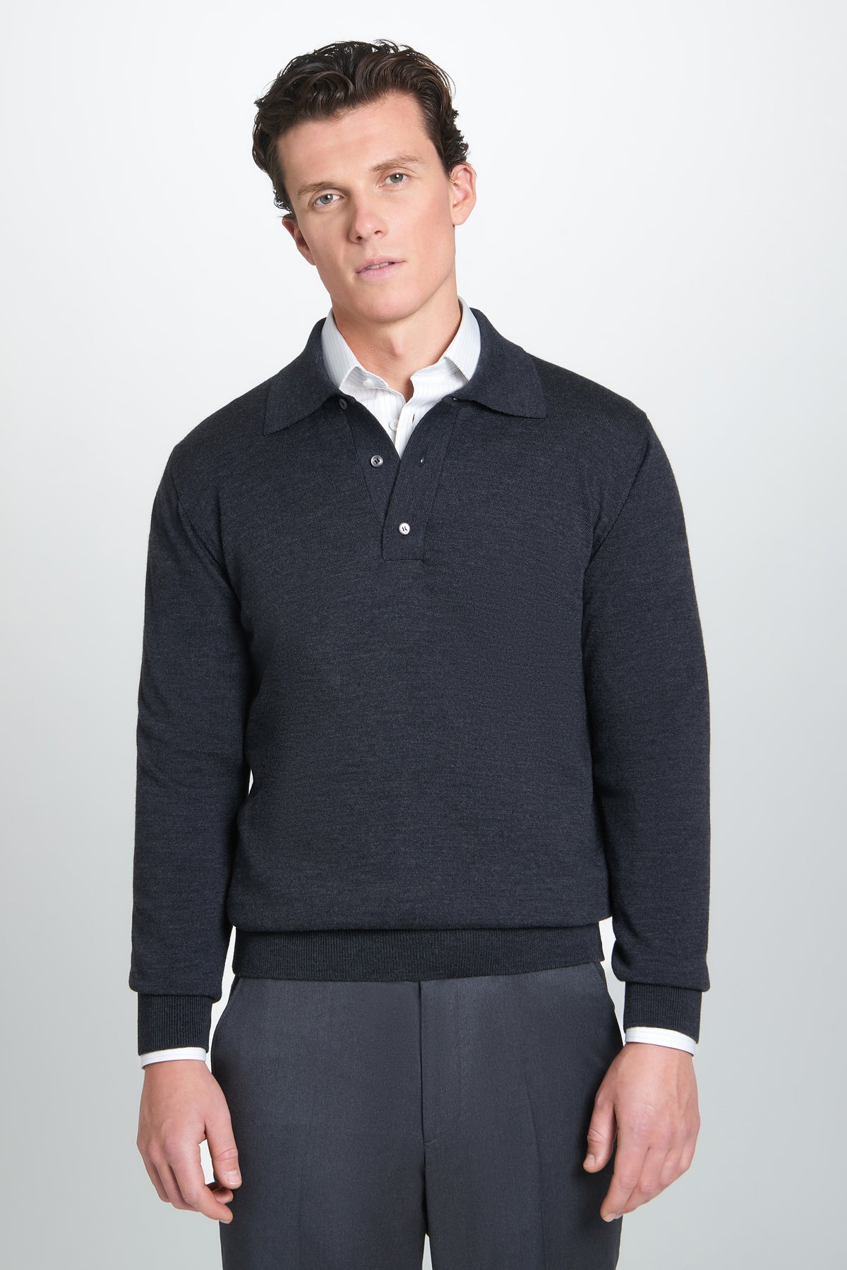 Grey Merino Wool Long Sleeve Polo Shirt