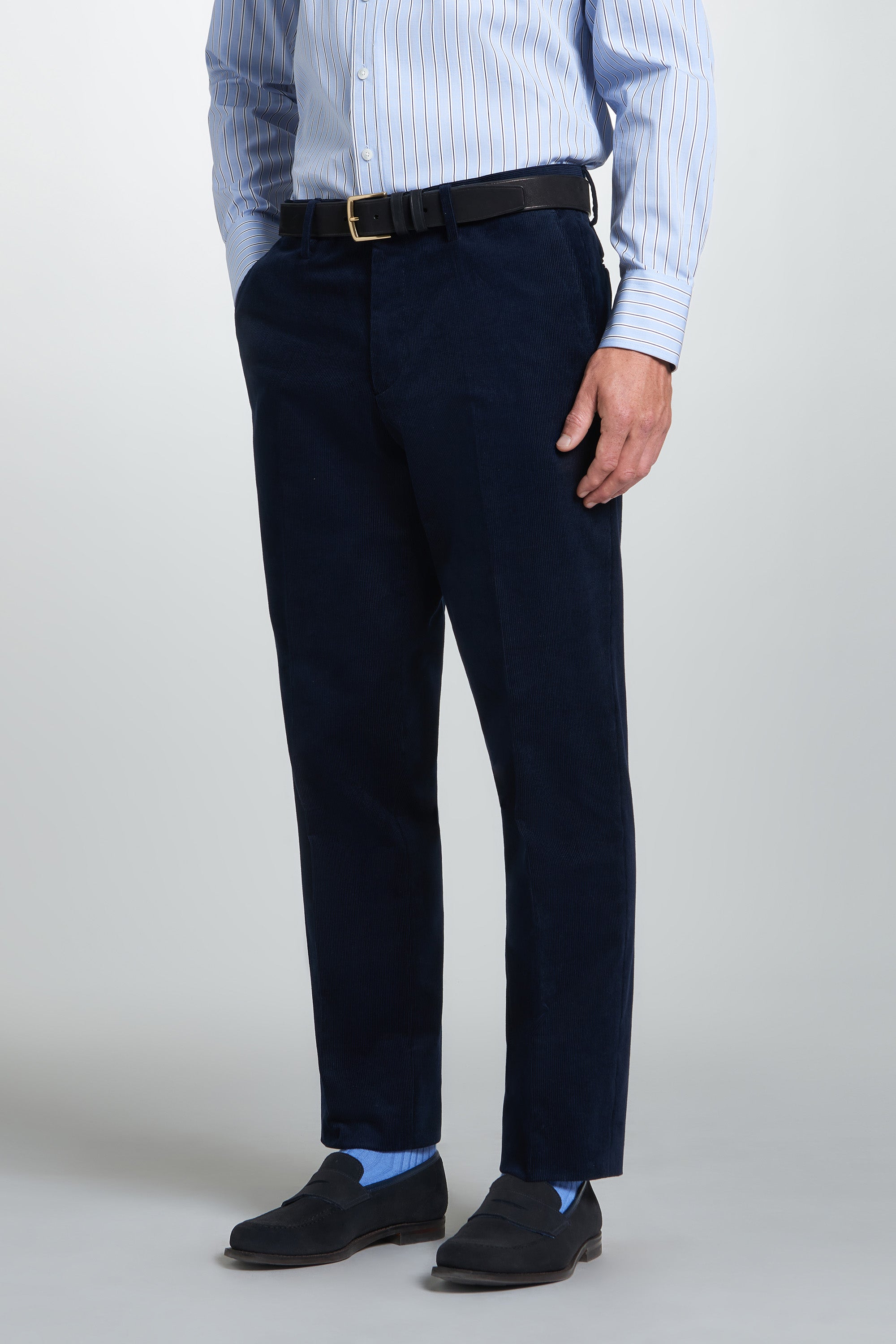Navy Classic Fit Flat Front Cord Trouser