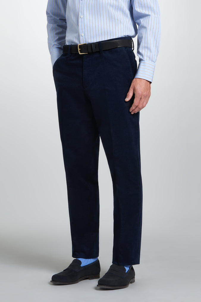 Navy Classic Fit Flat Front Cord Trouser
