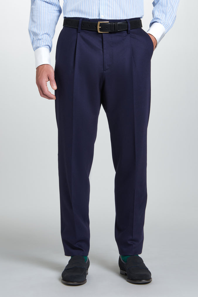 Navy Tailored Fit Twill Flannel Stretch Pleated Trouser