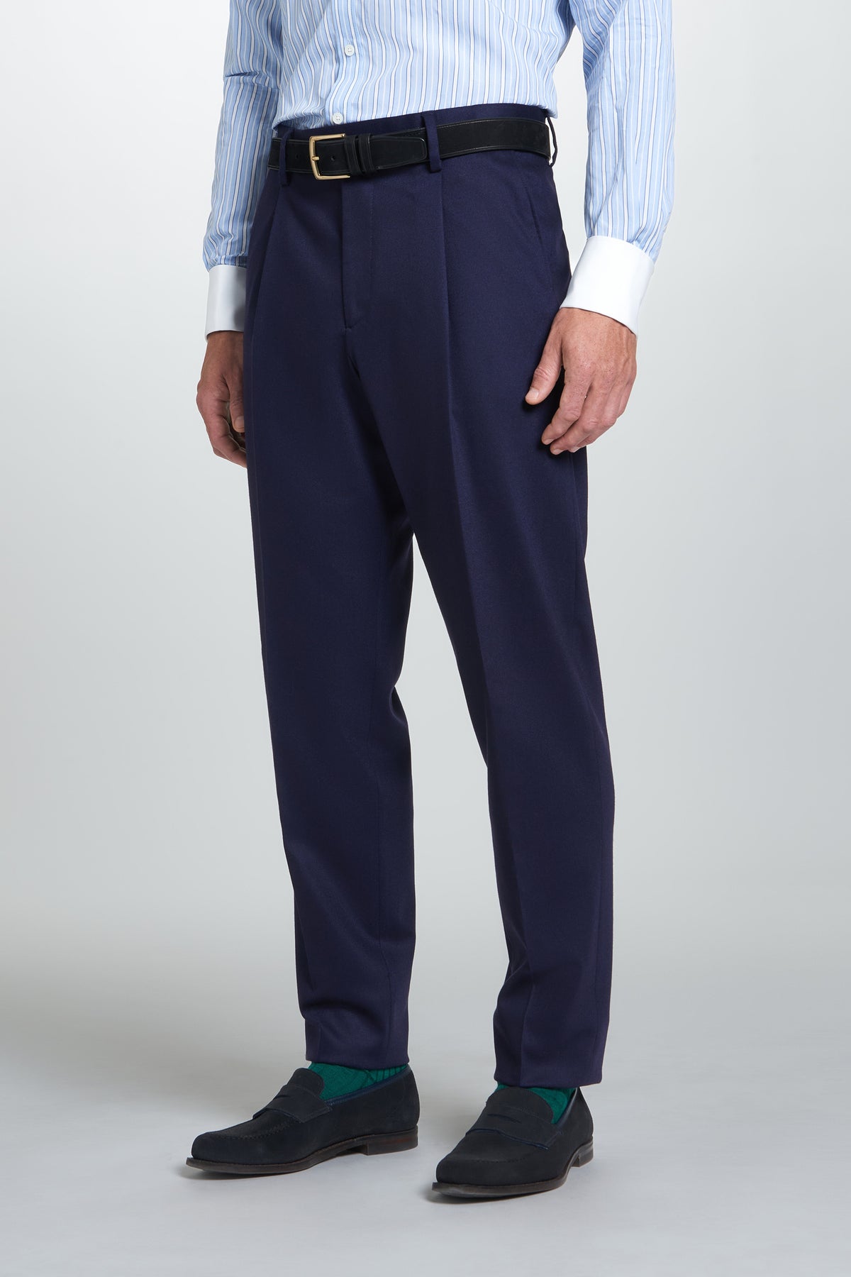 Navy Tailored Fit Twill Flannel Stretch Pleated Trouser