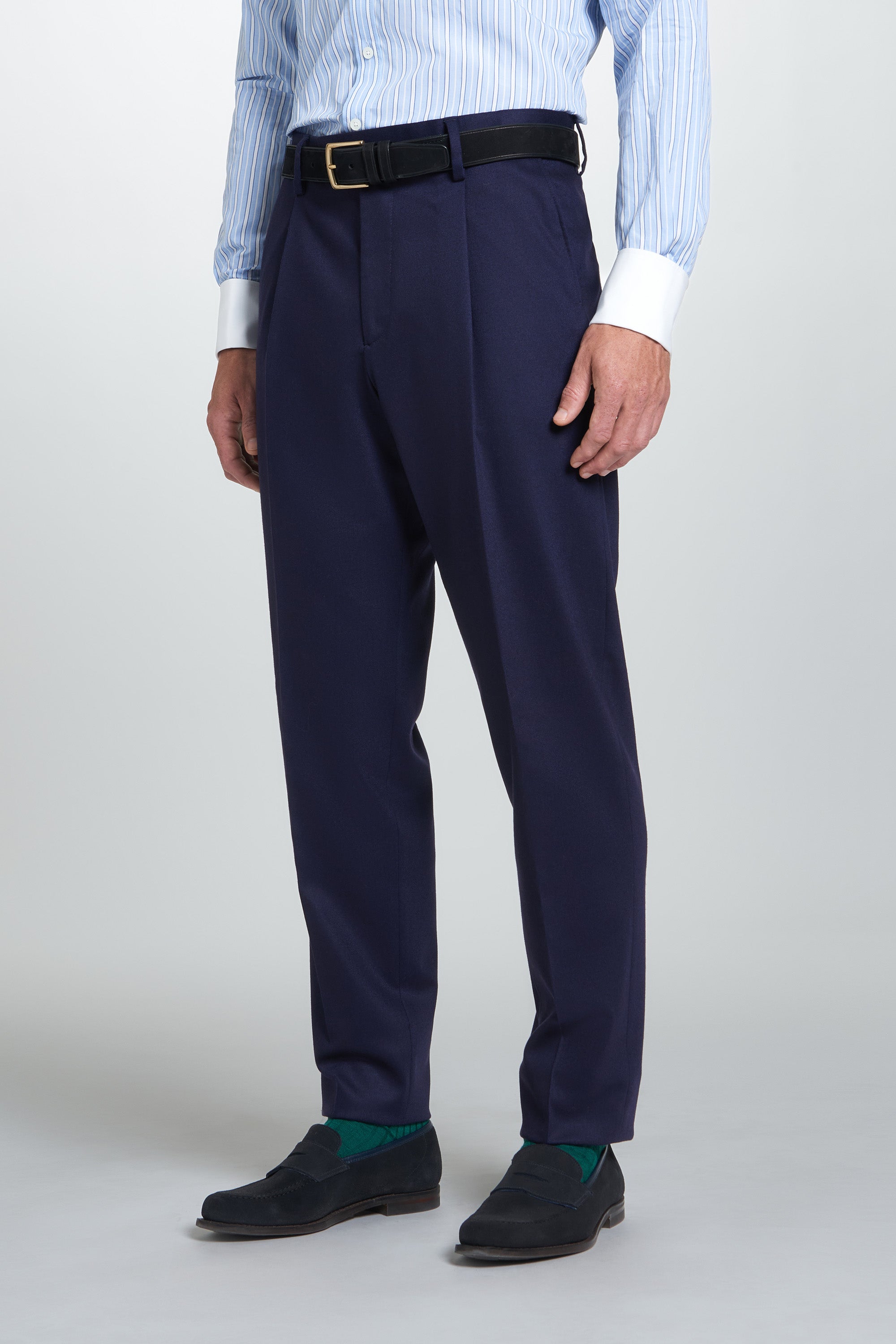 Navy Tailored Fit Twill Flannel Stretch Pleated Trouser