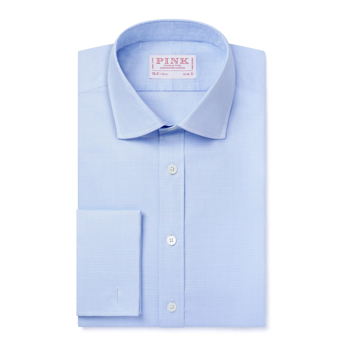 Pale Blue & White Slim Fit Double Cuff Prince of Wales Check Formal Shirt