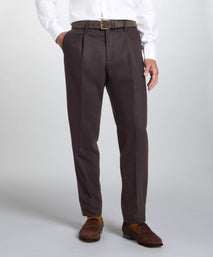 Brown Tailored Fit Twill Flannel Stretch Pleated Trouser