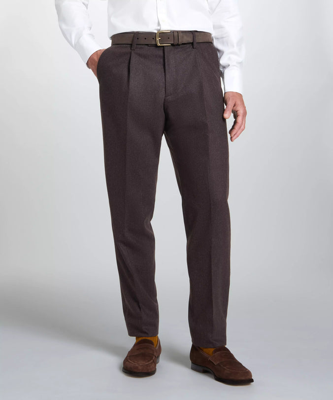 Brown Tailored Fit Twill Flannel Stretch Pleated Trouser