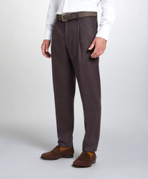 Brown Tailored Fit Twill Flannel Stretch Pleated Trouser
