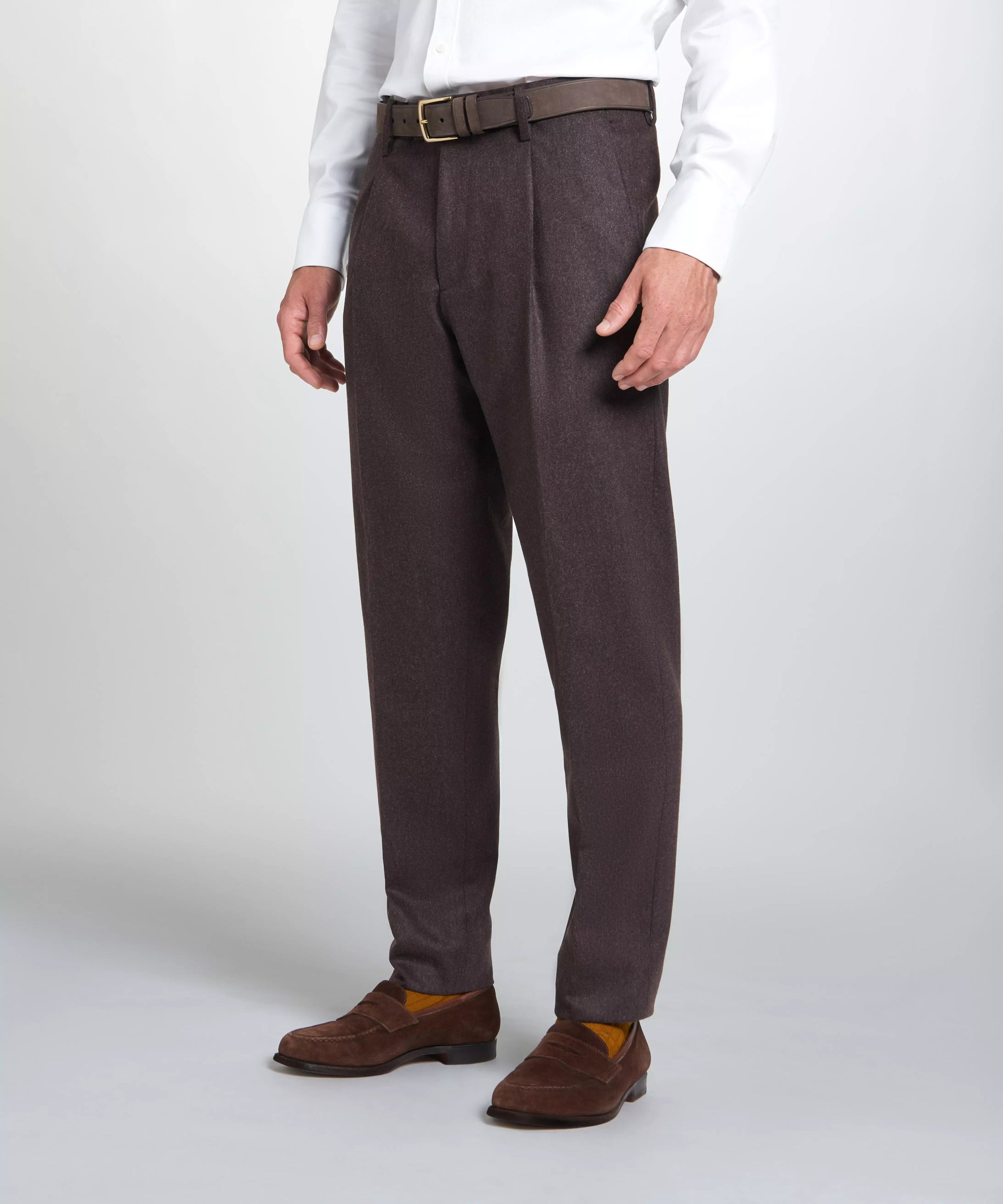 Brown Tailored Fit Twill Flannel Stretch Pleated Trouser