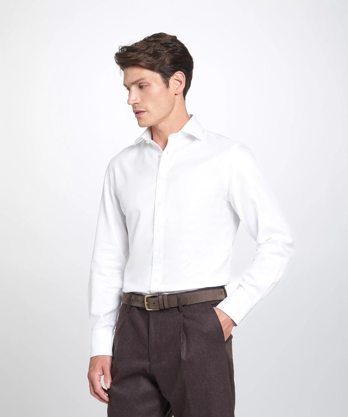 Brown Tailored Fit Twill Flannel Stretch Pleated Trouser